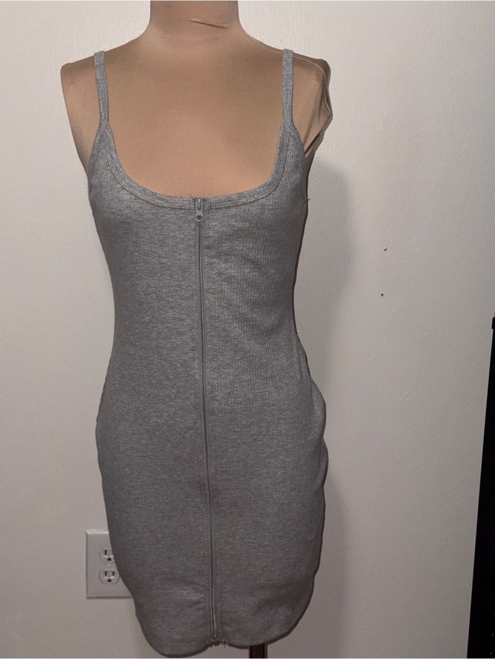 Classic Zip-Front Ribbed Slip Dress - Light Gray - Picture 2 of 3